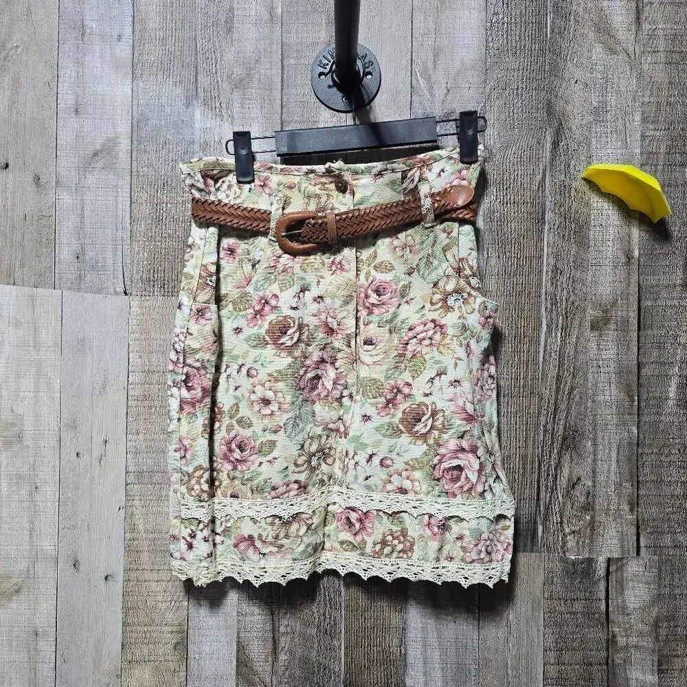 Switch Vintage 90s Floral Tapestry Cropped Skirt Suit M/9 Cottage Retro Femme